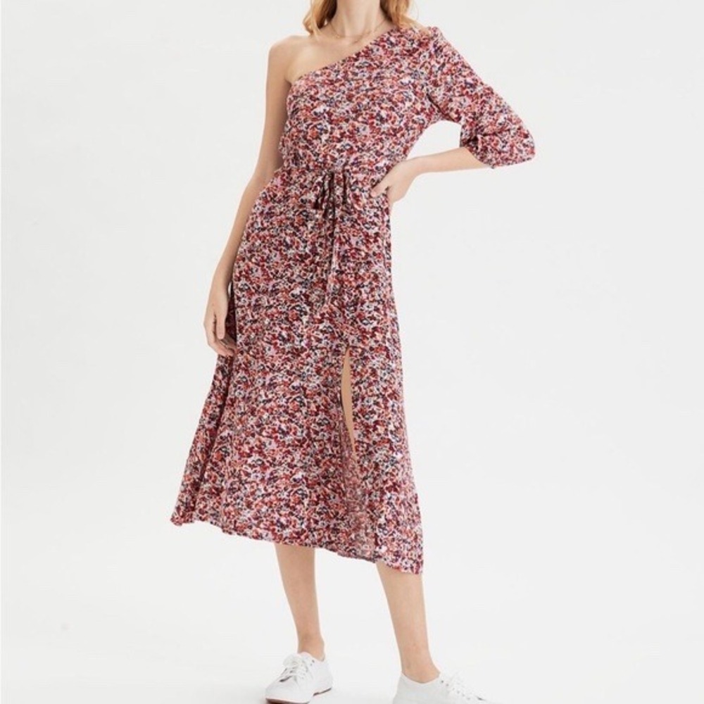 American Eagle Floral One Shoulder Belted Midi Dress XL Multicolor‎ Slit Casual